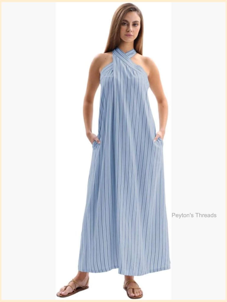 Linen Blend Halter Sleeveless Maxi Dress With Pockets